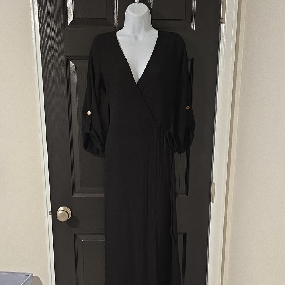 mts Black Wrap Maxi Dress with Button-Tab Sleeves